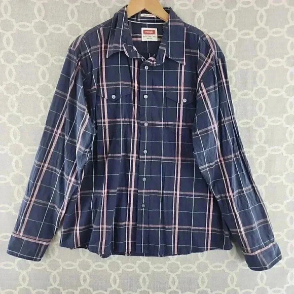 Wrangler flex For Comfort Navy Blue Plaid Button Down Men's Shirt XL - Picture 1 of 8